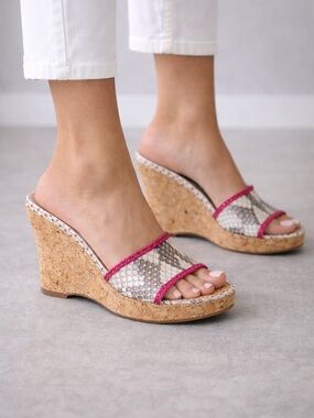 Salpy Snakeskin Cork Wedge Slides Pink Trim Size 9 Handmade USA Slip On